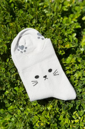 Unisex Kedi Kulaklı Pati Desenli Gri Melanj Soket Çorap