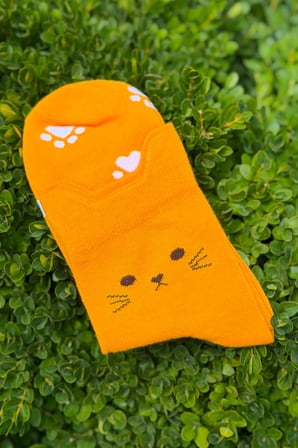 Unisex Kedi Kulaklı Pati Desenli Hardal Sarısı Soket Çorap