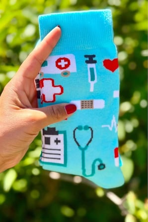 Unisex Doktor Hemşire Ambulans Desenli Mavi Soket Çorap