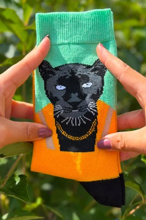 Unisex Zincirli Panter Desenli Mint Yeşili Soket Çorap