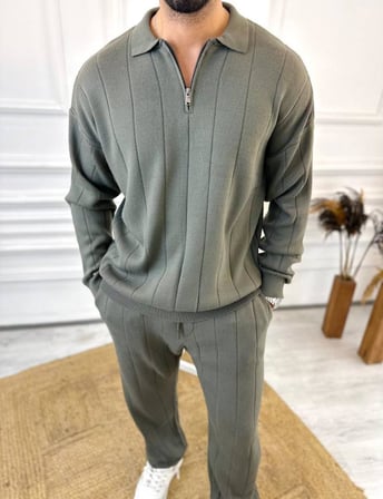 Kazak Oversize Tüylenmez Naturel Pamuk Fermuarlı Polo Yaka Sweatshirt Triko Kazak Sweatshirt