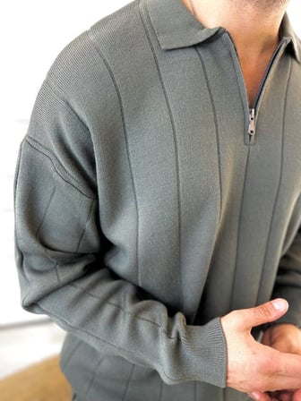 Kazak Oversize Tüylenmez Naturel Pamuk Fermuarlı Polo Yaka Sweatshirt Triko Kazak Sweatshirt