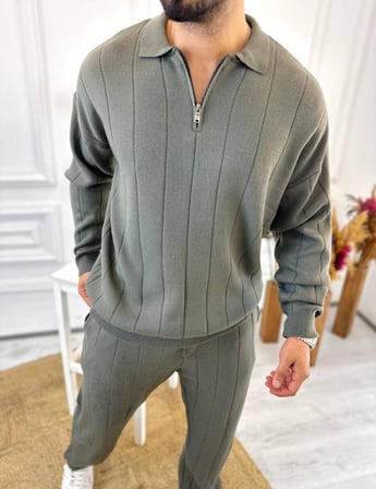 Kazak Oversize Tüylenmez Naturel Pamuk Fermuarlı Polo Yaka Sweatshirt Triko Kazak Sweatshirt