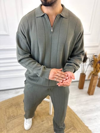 Kazak Oversize Tüylenmez Naturel Pamuk Fermuarlı Polo Yaka Sweatshirt Triko Kazak Sweatshirt