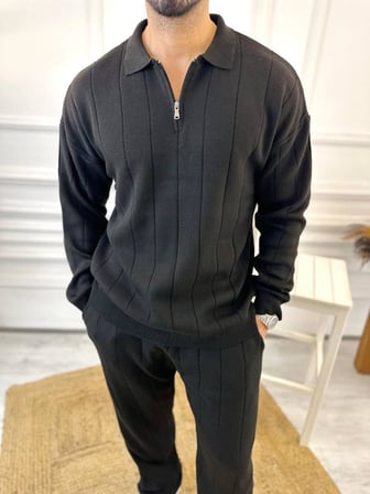 Kazak Oversize Tüylenmez Naturel Pamuk Fermuarlı Polo Yaka Sweatshirt Triko Kazak Sweatshirt