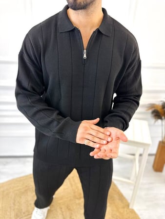 Kazak Oversize Tüylenmez Naturel Pamuk Fermuarlı Polo Yaka Sweatshirt Triko Kazak Sweatshirt
