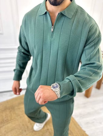 Kazak Oversize Tüylenmez Naturel Pamuk Fermuarlı Polo Yaka Sweatshirt Triko Kazak Sweatshirt