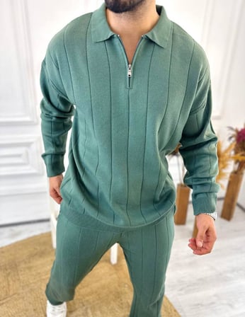 Kazak Oversize Tüylenmez Naturel Pamuk Fermuarlı Polo Yaka Sweatshirt Triko Kazak Sweatshirt