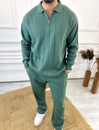 Kazak Oversize Tüylenmez Naturel Pamuk Fermuarlı Polo Yaka Sweatshirt Triko Kazak Sweatshirt
