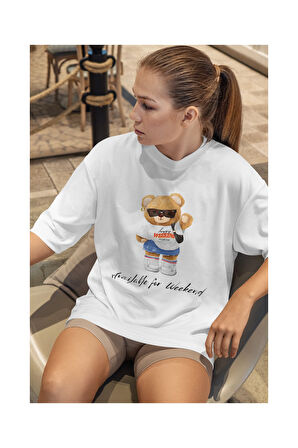 Kadın %100 Pamuklu Teddy Bear Baskılı Oversize T-shirt