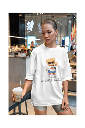 Kadın %100 Pamuklu Teddy Bear Baskılı Oversize T-shirt