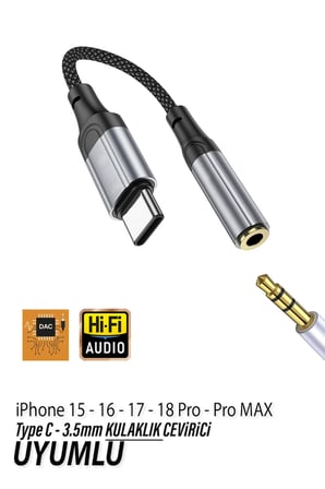 Type C 3.5 mm Kulaklık Dönüştürücü DAC Çipli Jak Çevirici iPhone 15 16 17 18 Pro Max Plus Uyumlu