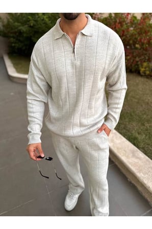 Sweatshirt Oversize Tüylenmez Naturel Pamuk Fermuarlı Polo Yaka Sweatshirt Triko Kazak