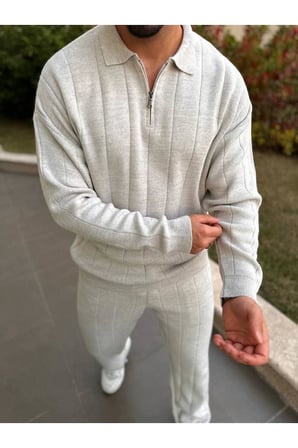 Sweatshirt Oversize Tüylenmez Naturel Pamuk Fermuarlı Polo Yaka Sweatshirt Triko Kazak