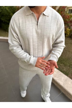 Sweatshirt Oversize Tüylenmez Naturel Pamuk Fermuarlı Polo Yaka Sweatshirt Triko Kazak