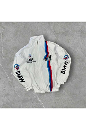 Bmw ///m Retro Unisex Paraşüt Kumaş Oversize Dijital Baskılı Siyah Rüzgarlık Yağmurluk