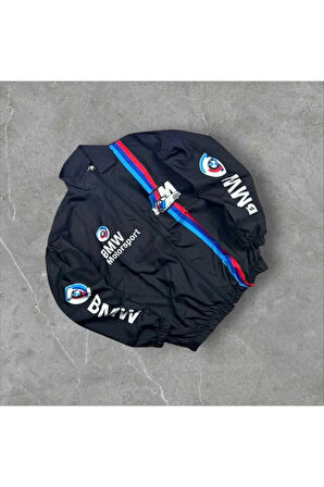 Bmw ///m Retro Unisex Paraşüt Kumaş Oversize Dijital Baskılı Siyah Rüzgarlık Yağmurluk
