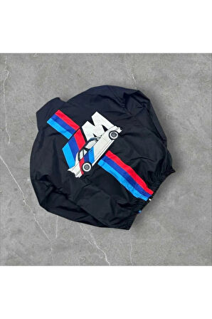 Bmw ///m Retro Unisex Paraşüt Kumaş Oversize Dijital Baskılı Siyah Rüzgarlık Yağmurluk