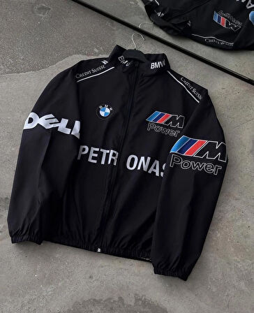 Bmw ///m Retro Unisex Paraşüt Kumaş Oversize Dijital Baskılı Siyah Rüzgarlık Yağmurluk