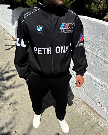 Bmw ///m Retro Unisex Paraşüt Kumaş Oversize Dijital Baskılı Siyah Rüzgarlık Yağmurluk