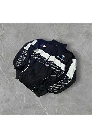 Bmw ///m Retro Unisex Paraşüt Kumaş Oversize Dijital Baskılı Siyah Rüzgarlık Yağmurluk