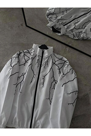 Beyaz Şimşek Unisex Dijital Baskı Paraşüt Kumaş Oversize Baskılı Rüzgarlık Yağmurluk