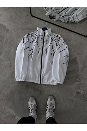 Beyaz Şimşek Unisex Dijital Baskı Paraşüt Kumaş Oversize Baskılı Rüzgarlık Yağmurluk