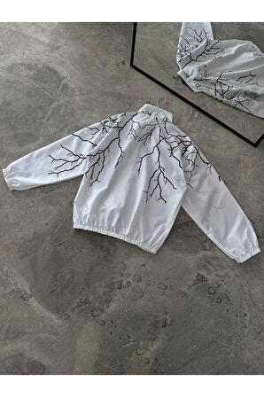 Beyaz Şimşek Unisex Dijital Baskı Paraşüt Kumaş Oversize Baskılı Rüzgarlık Yağmurluk