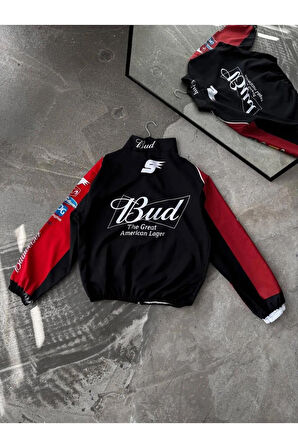 BUD Unisex Dijital Baskı Paraşüt Kumaş Oversize Baskılı Siyah Rüzgarlık Yağmurluk