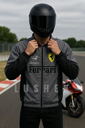 Ferrari Unisex Dijital Baskı Paraşüt Kumaş Oversize Baskılı Gri Rüzgarlık Yağmurluk