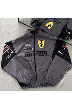 Ferrari Unisex Dijital Baskı Paraşüt Kumaş Oversize Baskılı Gri Rüzgarlık Yağmurluk