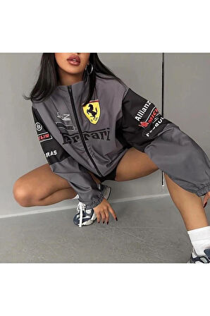 Ferrari Unisex Dijital Baskı Paraşüt Kumaş Oversize Baskılı Gri Rüzgarlık Yağmurluk