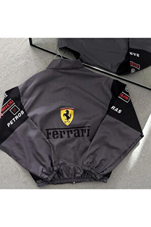 Ferrari Unisex Dijital Baskı Paraşüt Kumaş Oversize Baskılı Gri Rüzgarlık Yağmurluk