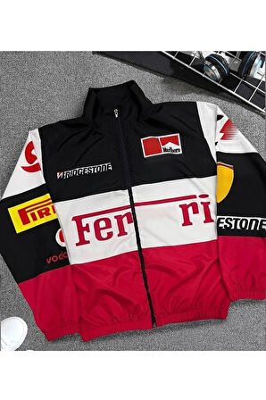 Ferrari Kırmızı Unisex Dijital Baskı Paraşüt Kumaş Oversize Baskılı Siyah Rüzgarlık Yağmurluk