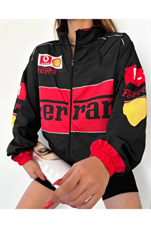 Ferrari Unisex Dijital Baskı Paraşüt Kumaş Oversize Baskılı Siyah Rüzgarlık Yağmurluk