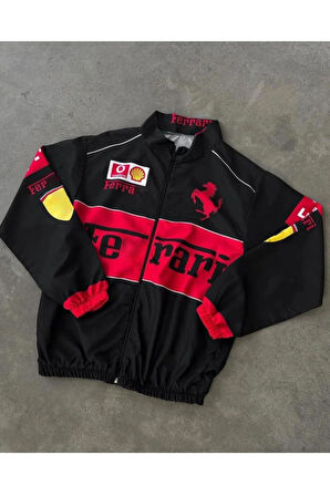 Ferrari Unisex Dijital Baskı Paraşüt Kumaş Oversize Baskılı Siyah Rüzgarlık Yağmurluk
