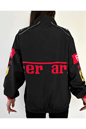 Ferrari Unisex Dijital Baskı Paraşüt Kumaş Oversize Baskılı Siyah Rüzgarlık Yağmurluk