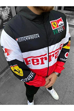 Ferrari Kırmızı Unisex Dijital Baskı Paraşüt Kumaş Oversize Baskılı Siyah Rüzgarlık Yağmurluk