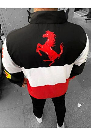 Ferrari Kırmızı Unisex Dijital Baskı Paraşüt Kumaş Oversize Baskılı Siyah Rüzgarlık Yağmurluk