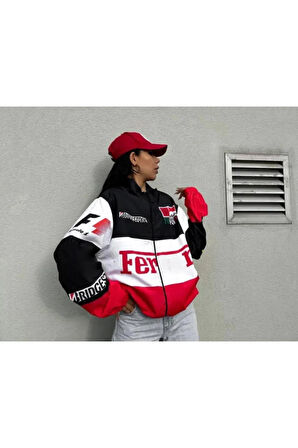 Ferrari Kırmızı Unisex Dijital Baskı Paraşüt Kumaş Oversize Baskılı Siyah Rüzgarlık Yağmurluk