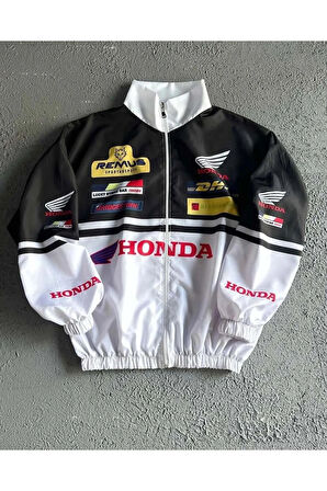 Honda Unisex Dijital Baskı Paraşüt Kumaş Oversize Baskılı Beyaz Rüzgarlık Yağmurluk