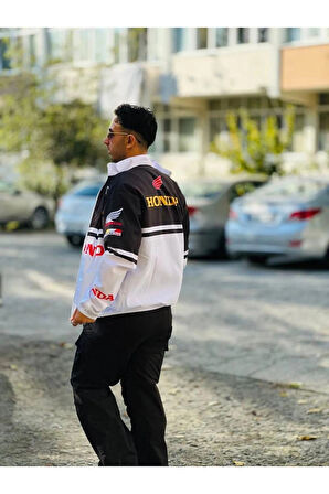 Honda Unisex Dijital Baskı Paraşüt Kumaş Oversize Baskılı Beyaz Rüzgarlık Yağmurluk