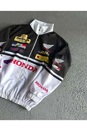 Honda Unisex Dijital Baskı Paraşüt Kumaş Oversize Baskılı Beyaz Rüzgarlık Yağmurluk