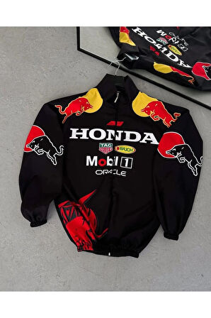 Honda Motorcu Unisex Dijital Baskı Paraşüt Kumaş Oversize Baskılı Siyah Rüzgarlık Yağmurluk