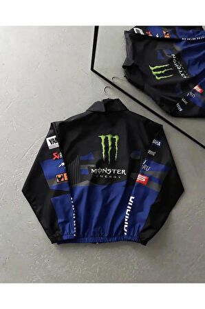 Monster Mavi Unisex Dijital Baskı Paraşüt Kumaş Oversize Baskılı Siyah Rüzgarlık Yağmurluk