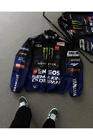 Monster Mavi Unisex Dijital Baskı Paraşüt Kumaş Oversize Baskılı Siyah Rüzgarlık Yağmurluk