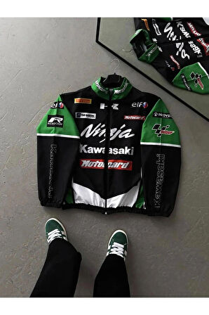 Yeşil Ninja Kawasaki Unisex Dijital Baskı Paraşüt Kumaş Oversize Baskılı Siyah Rüzgarlık Yağmurluk