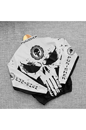 Punisher Kuru Kafa Unisex Dijital Baskı Paraşüt Kumaş Oversize Baskılı Siyah Rüzgarlık Yağmurluk