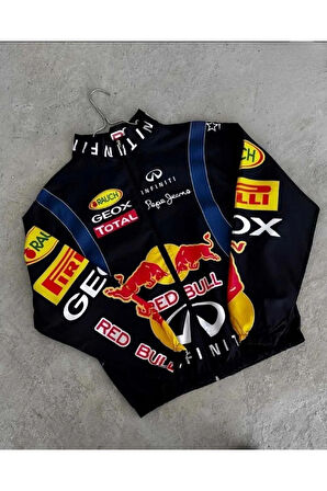 Redbull Lacivert Unisex Dijital Baskı Paraşüt Kumaş Oversize Baskılı Sarı Rüzgarlık Yağmurluk