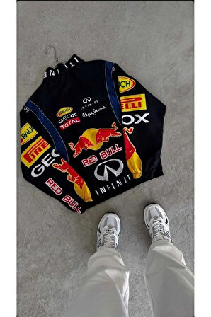 Redbull Lacivert Unisex Dijital Baskı Paraşüt Kumaş Oversize Baskılı Sarı Rüzgarlık Yağmurluk